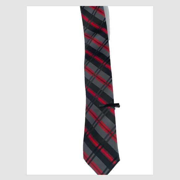 RED/BLACK/GRAY STRIPED JF J. FERRAR MEN’S NECK TIE & BLACK TIE CLIP - Picture 3 of 4